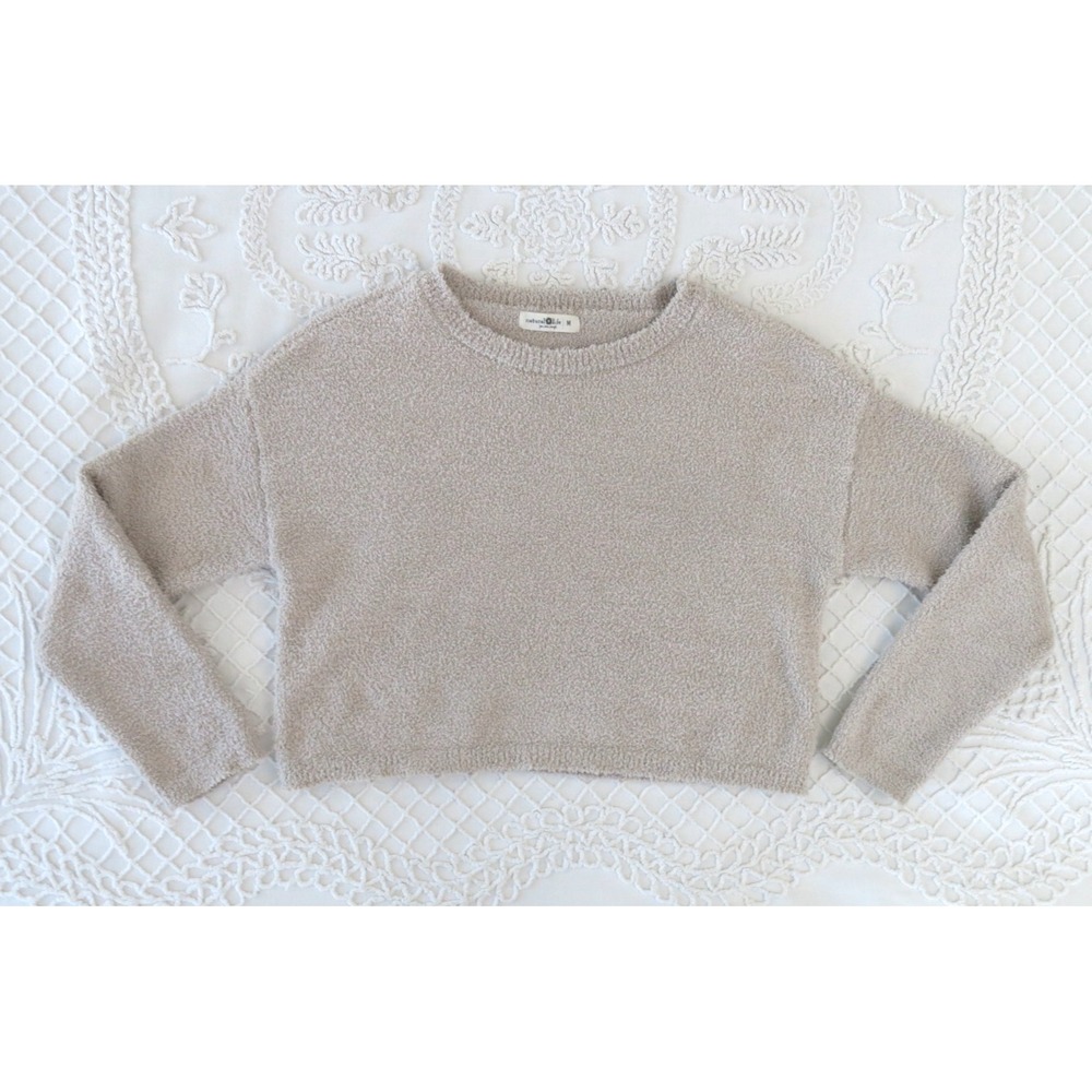 Natural Life Boxy Crop Sweater Medium Light Beige Oatmeal Soft Chenille Pullover